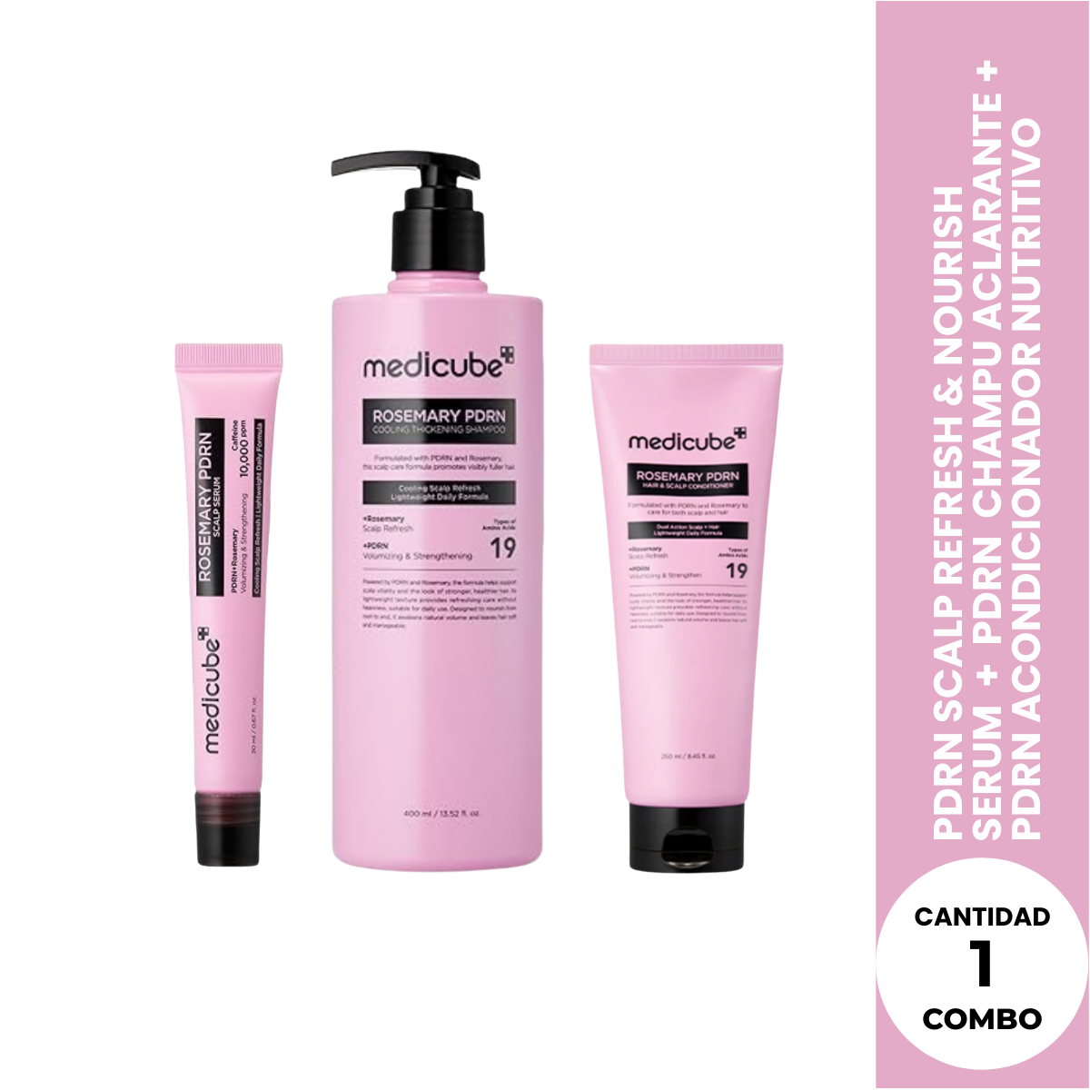 COMBO ROSEMARY PDRN SERUM 20 ML + SHAMPOO ACLARANTE 400 ML + ACONDICIONADOR NUTRITIVO DE CUERO CABELLUDO