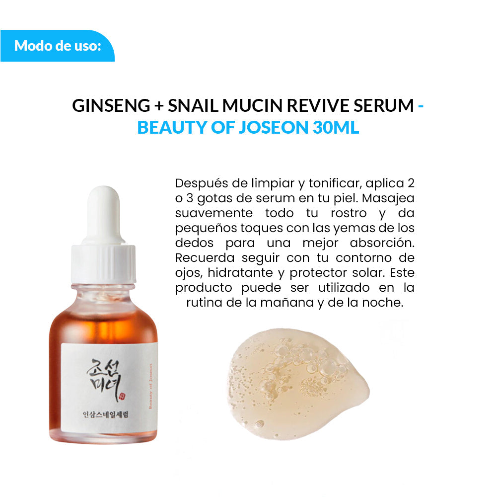 BEAUTY OF JOSEON Suero Facial Reparador - Revive Ginseng + Mucina De Caracol 30Ml